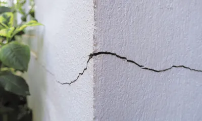Professional technician checking wall level during home foundation inspection